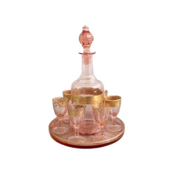 Vintage Other - Vintage Pink Depression Glass Decanter Set with Tray, 8 Pc Set, 1930s